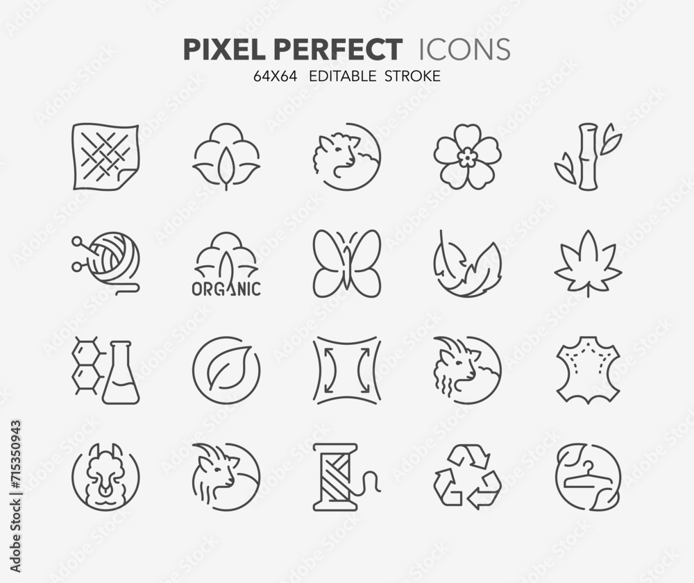 Line icons about fabric features. Outline symbol collection. Editable vector stroke. 64x64 Pixel Perfect.