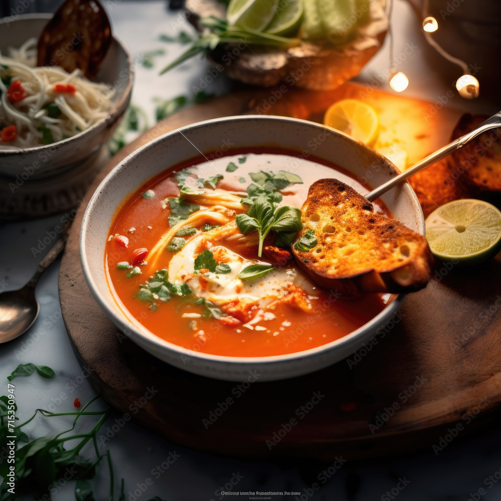 Tukpa soup Indian cuisine. Hot noodle soup with some spices on a dark tabletop.