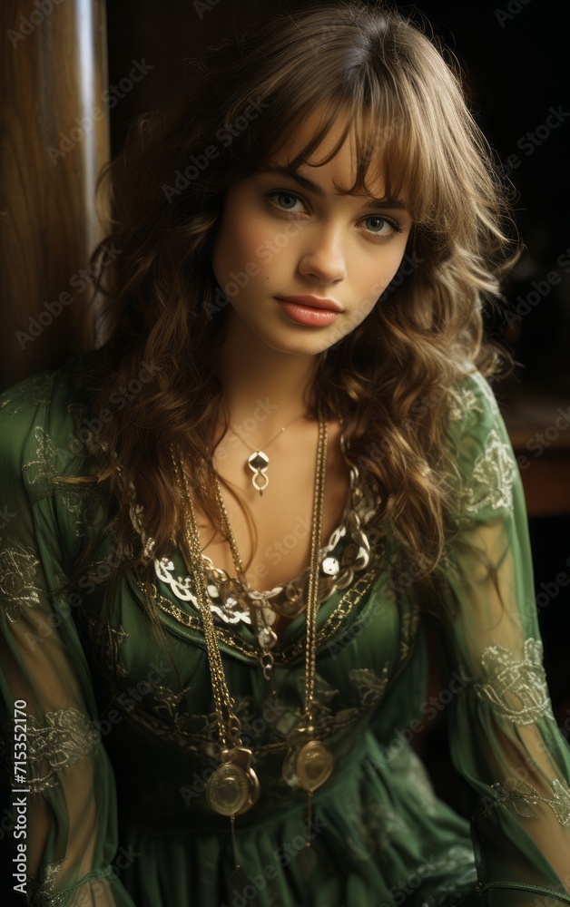 Girl wearing dark green dress sitting and posing in dark wooden interior. Pretty woman with long wavy brunette hair and with jewelry around the neck.