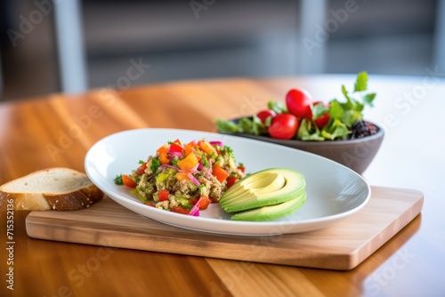 avocado salad with a side of whole-grain bread on a board