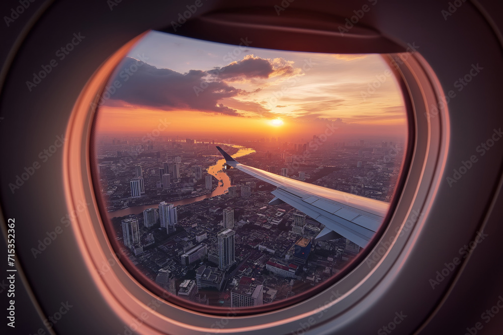 View of the city and the beautiful sunset from the plane's porthole