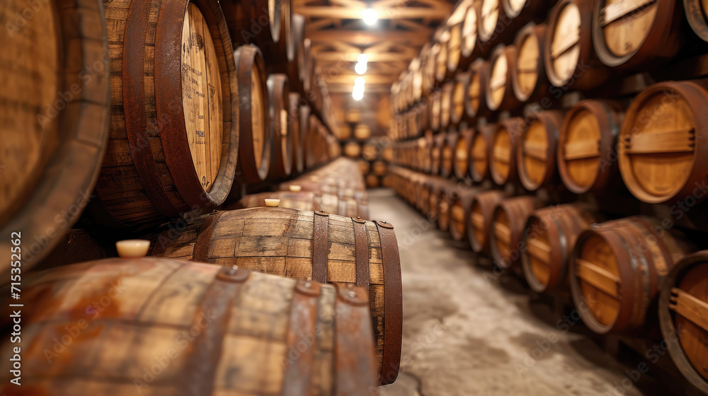 Whiskey, bourbon, scotch, wine barrels in an aging facility
