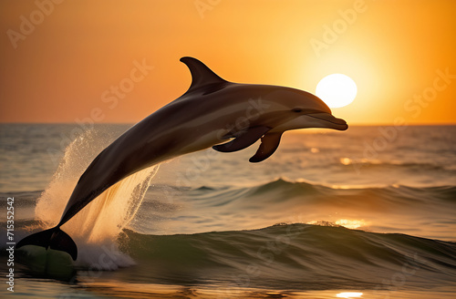 A beautiful dolphin jumps out of the surface of the seawater, shining at sunset