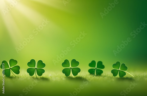 four leaf clover on a green background in sunlight. St. Patrick's day concept. copyspace