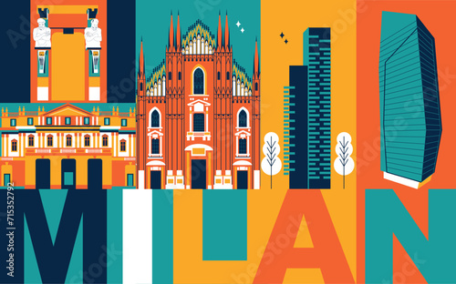 Typography word "Milan" branding technology concept. Collection of flat vector web icons. Italy culture travel set, famous architectures, specialties detailed silhouette. Italian famous landmark