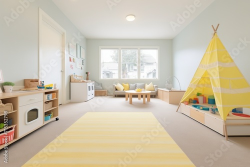 spacious playroom with toy storage and soft rug