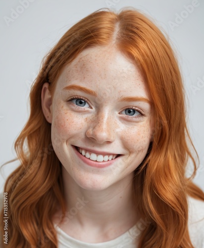 Headshot Portrait of happy ginger girl with freckles