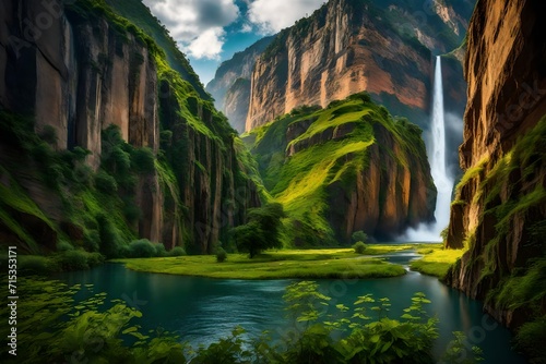 A serene river cutting through a deep canyon, with towering cliffs on either side. A magnificent waterfall plunges down from the rocky walls, enveloped by a lush carpet of greenery. © AQ Arts