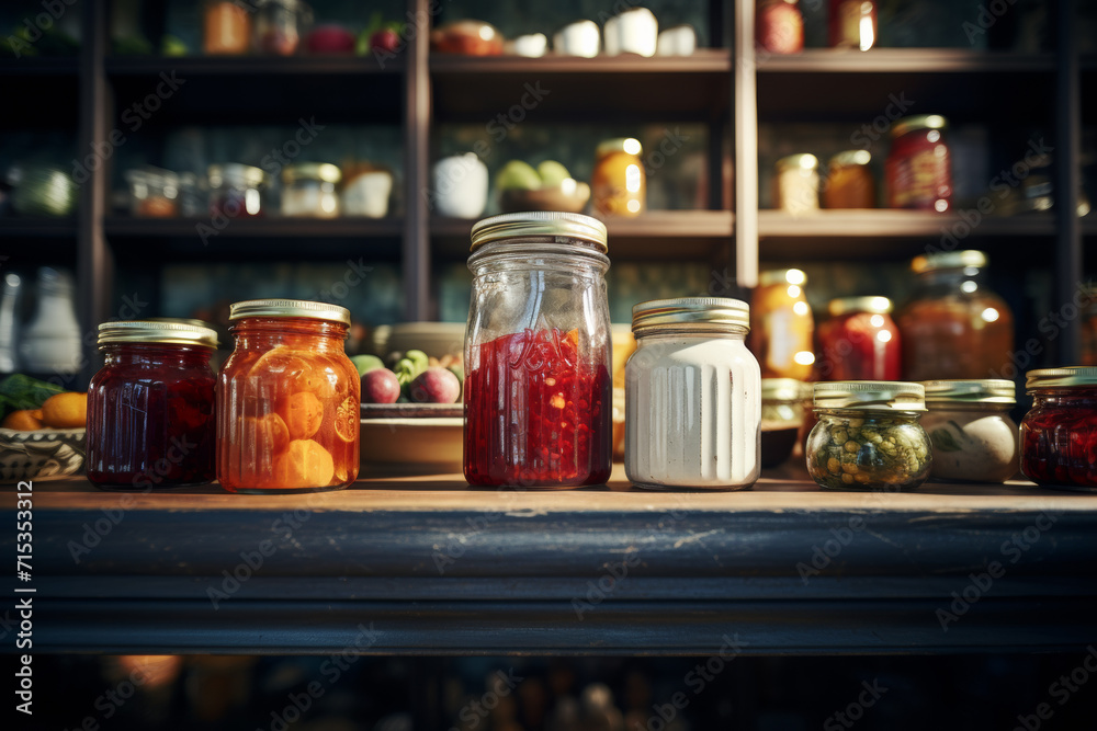 Home-canned goods on pantry shelves, rustic setting Home-canned goods on pantry shelves, rustic setting