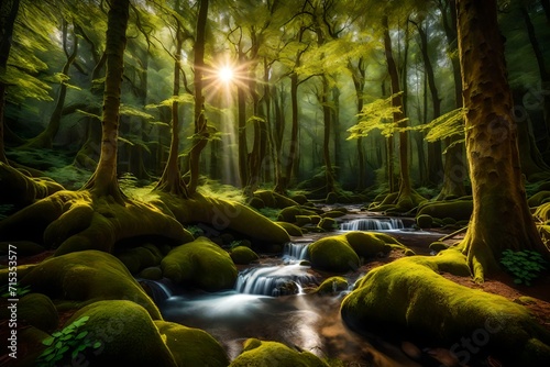 A serene, sunlit clearing within a dense, ancient forest. The towering trees create a natural canopy, filtering the sunlight and casting a gentle glow on the mossy ground. 