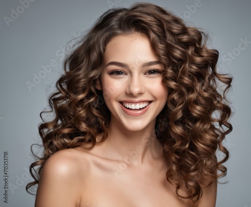 Beautiful laughing brunette model girl with long curly hair