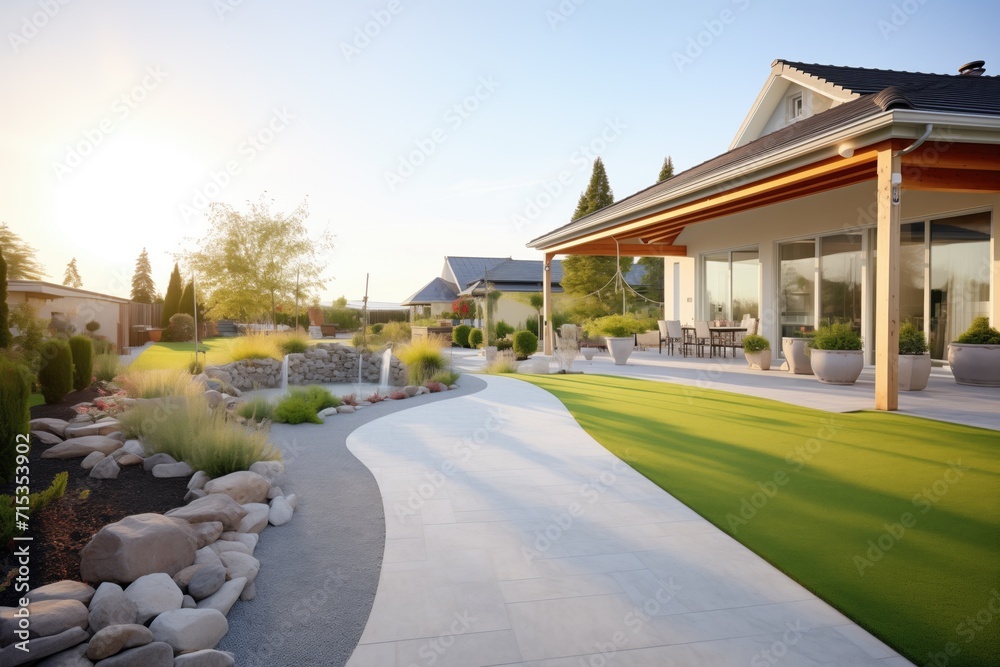 Obraz premium garden with droughttolerant landscaping around a new villa