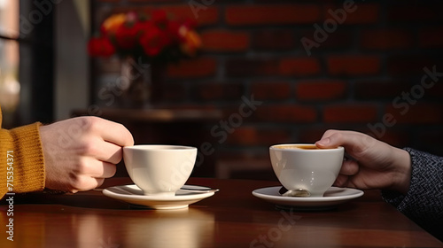 two people at a dining table holding coffee cups,Women having coffee break at wooden table in cafe,