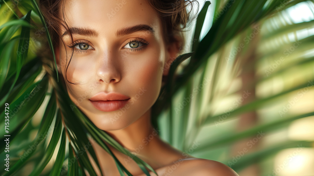 Portrait of a beautiful girl in tropical plants with palm leaves Portrait of a beautiful girl in tropical plants with palm leaves