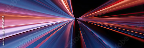 3D Rendering of abstract fast moving stripe lines with glowing sun light flare. High speed motion blur. Concept of leading in business, Hi tech products, warp speed wormhole science. photo
