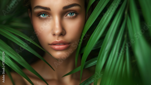 Portrait of a beautiful girl in tropical plants with palm leaves