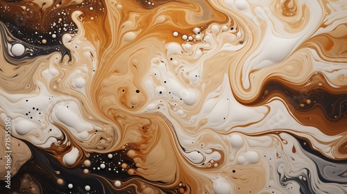 Captivating high-resolution image: swirling milk and coffee fusion, creating galaxy-like patterns