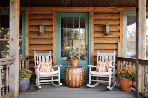 log cabin facade with rustic wooden chairs on porch