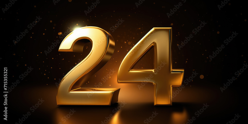 Golden 3D number 24 . Anniversary 24. Poster template for Celebrating 24th anniversary event party. Banner. Copy space Golden 3D number 24 . Anniversary 24. Poster template for Celebrating 24th anniversary event party. Banner. Copy space