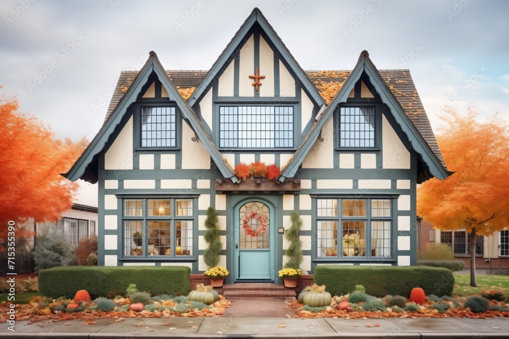 tudor home with autumn leaves and diamond windows