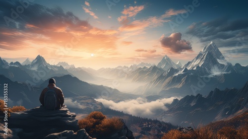 Traveler man relaxing alone on rocky mountain summit over clouds Travel Lifestyle success concept adventure active vacations outdoor top view photo