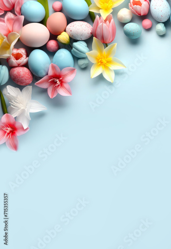 Easter poster and banner template with beautiful Easter multi-colored eggs and flowers.Promotion and shopping template for Easter. Beautiful easter promotion card.Top view, flat lay.Space for text