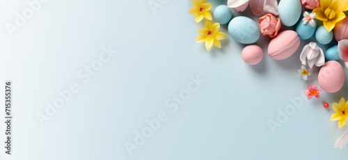 Easter poster and banner template with beautiful Easter multi-colored eggs and flowers.Promotion and shopping template for Easter. Beautiful easter promotion banner.Top view, flat lay.Space for text
