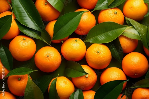 Orange fruits with leaves. Fresh fruit orange slices on colored background top view copy space. Copy-space with mixed citrusses on table. Close up of fresh organic mandarins.