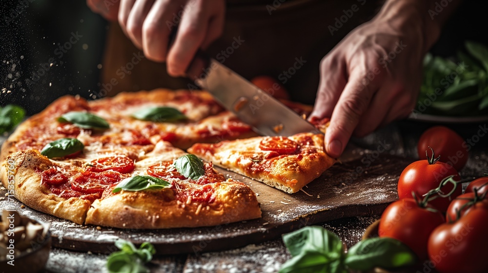 Slicing and Serving hands using a pizza cutter to slice the pizza into equal portions, followed by serving slices - obrazy, fototapety, plakaty 