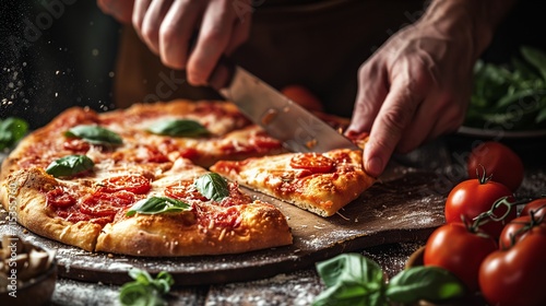Slicing and Serving hands using a pizza cutter to slice the pizza into equal portions, followed by serving slices photo