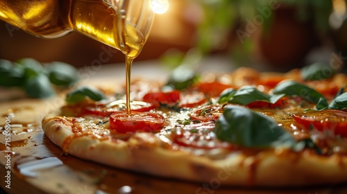 Culinary and Process Imagery Drizzle of olive oil being poured over the pizza photo