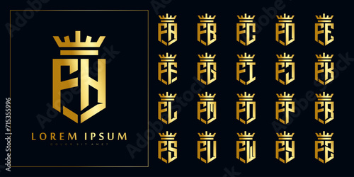 set of initial F collection in shiny gold shield with crown logo design template