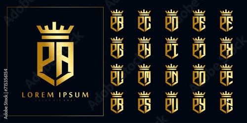 set of initial P collection in shiny gold shield with crown logo design template