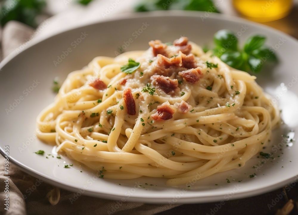 Spaghetti carbonara with bacon and parmesan on a plate