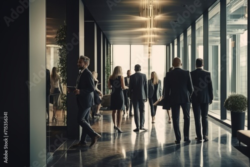 Professionals having a quick huddle in a stylish office corridor, Generative AI