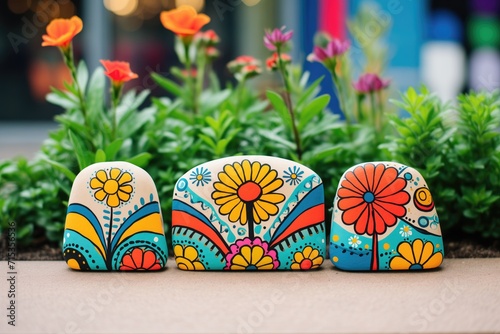 handpainted rocks with plant names lining a garden bed