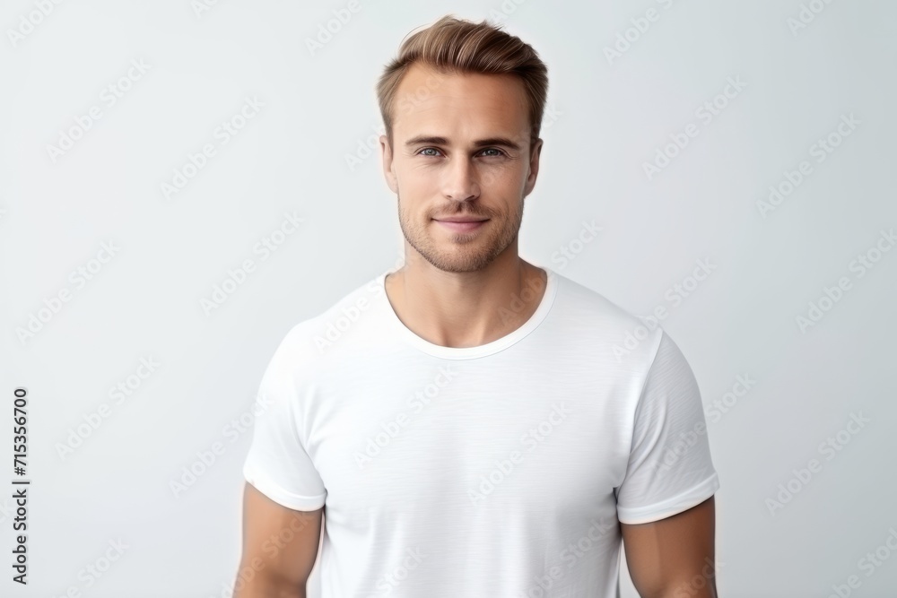 Portrait of handsome young man in white t-shirt on grey background Portrait of handsome young man in white t-shirt on grey background