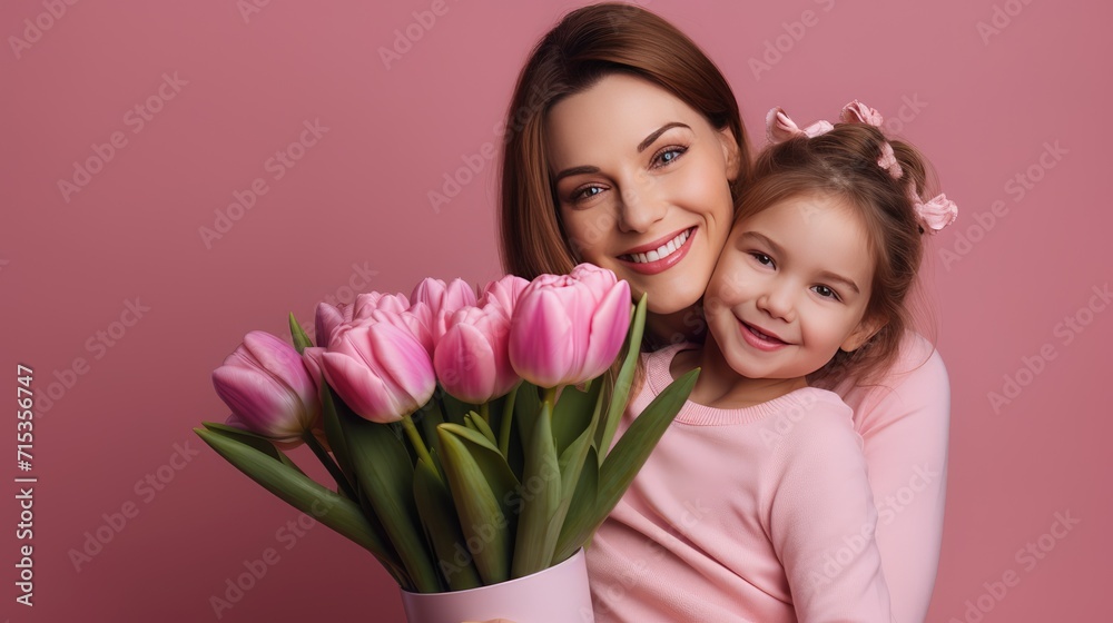 A cute little girl congratulates her mother and gives her a bouquet of tulip flowers on a pink background. The concept of Mother's Day. Smiling mother and daughter. Happy family holiday, women's Day. A cute little girl congratulates her mother and gives her a bouquet of tulip flowers on a pink background. The concept of Mother's Day. Smiling mother and daughter. Happy family holiday, women's Day.