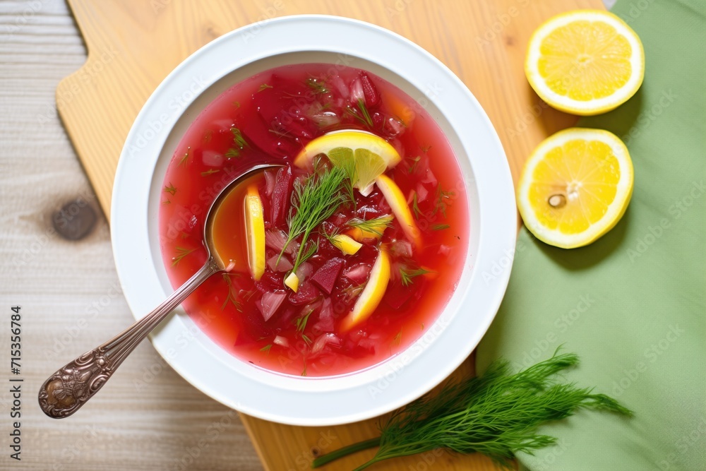 borscht garnished with lemon slices for added zest, soup spoon by the bowl borscht garnished with lemon slices for added zest, soup spoon by the bowl