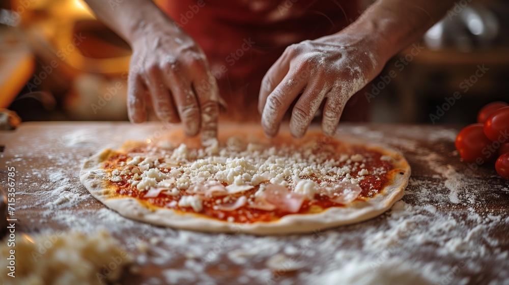 Pizza topping arrangement, with close-ups of hands placing ingredients strategically, creating an appealing and balanced composition. Pizza topping arrangement, with close-ups of hands placing ingredients strategically, creating an appealing and balanced composition.