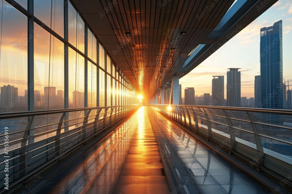 City bridge with a city view at sunset stock photo