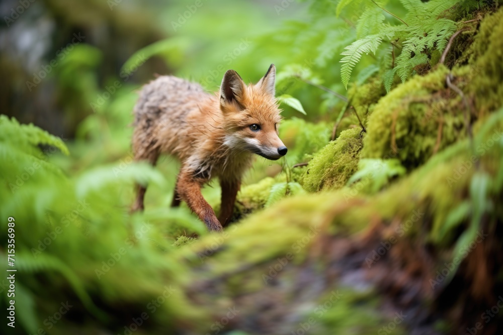 red fox sneaking through a dense forest underbrush red fox sneaking through a dense forest underbrush