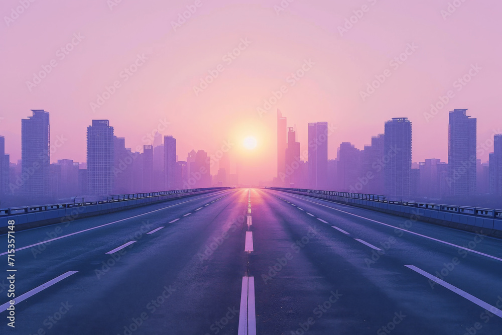 Fototapeta premium A highway with the sun behind a skyline.