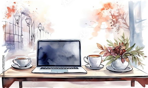 Watercolor illustration. the laptop is on the table in the cafe, there is a mug and a flower next to it