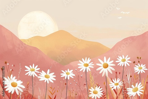 Minimalist abstract colorful clipart print set with mountains, sun, daisies. Softly organic simple lined bold shaped charming tiny core print vector style. Great as web banner, poster design. © Merilno