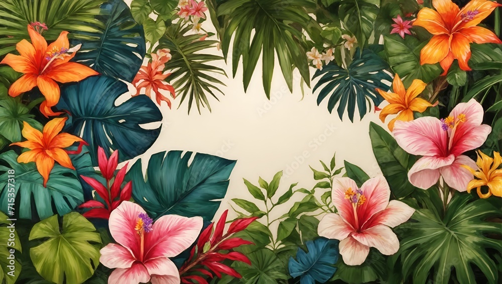 Border with tropical jungle plants flower
