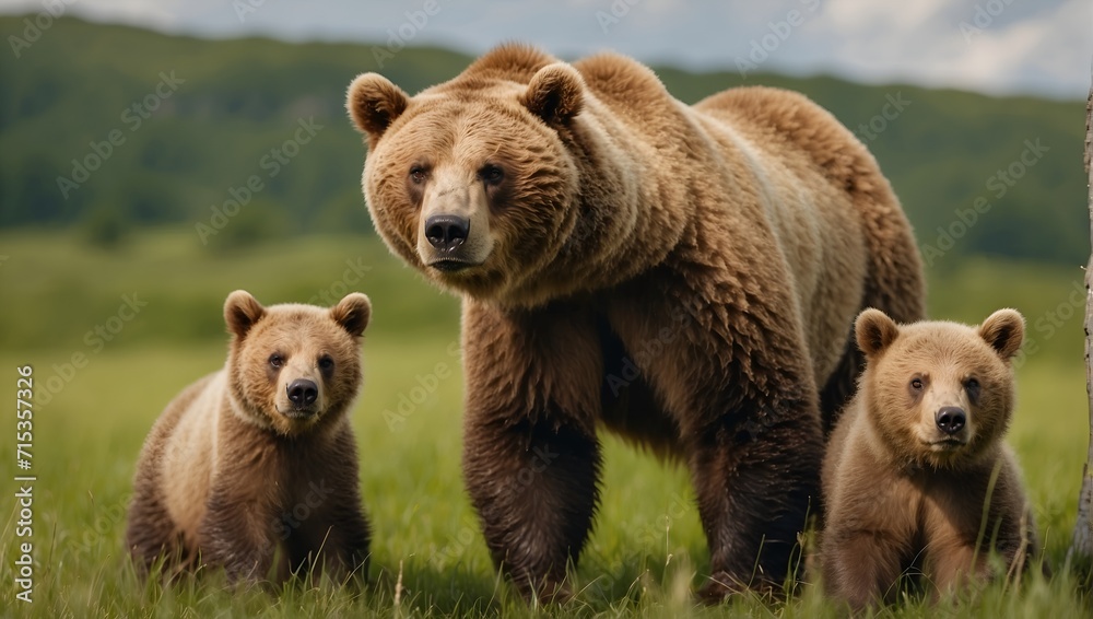 Brown bear, ursus arctos, mother with two cubs on green meadow Brown bear, ursus arctos, mother with two cubs on green meadow