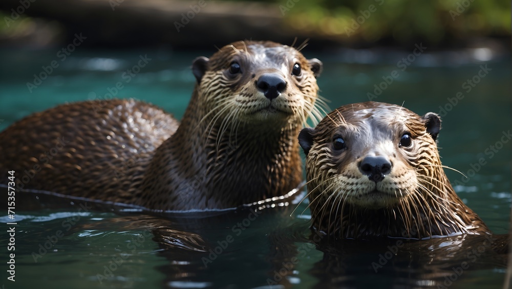 Close-up shot of a pair of river otters swimming in the water Close-up shot of a pair of river otters swimming in the water