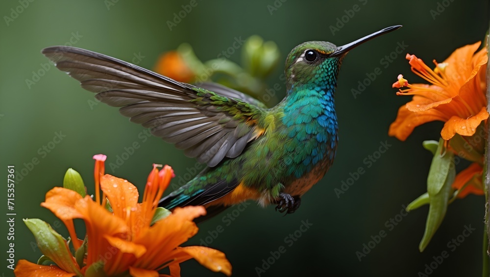 Hummingbird Long-tailed Sylph, Aglaiocercus kingi with orange flower Hummingbird Long-tailed Sylph, Aglaiocercus kingi with orange flower