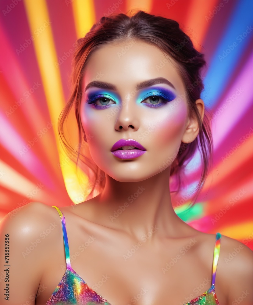 High Fashion model woman in colorful bright lights 